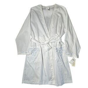 NEW Oscar De La Renta White Cotton Robe Womens Large Blue Embroidery Detail VTG